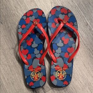 Womens Tory Burch Red Strappy Flip Flops with Blue red & Gray Heart Print size 8